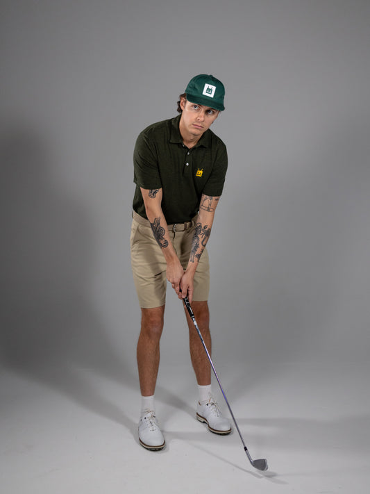 Robot Golf Green Machine polo, lifestyle view.