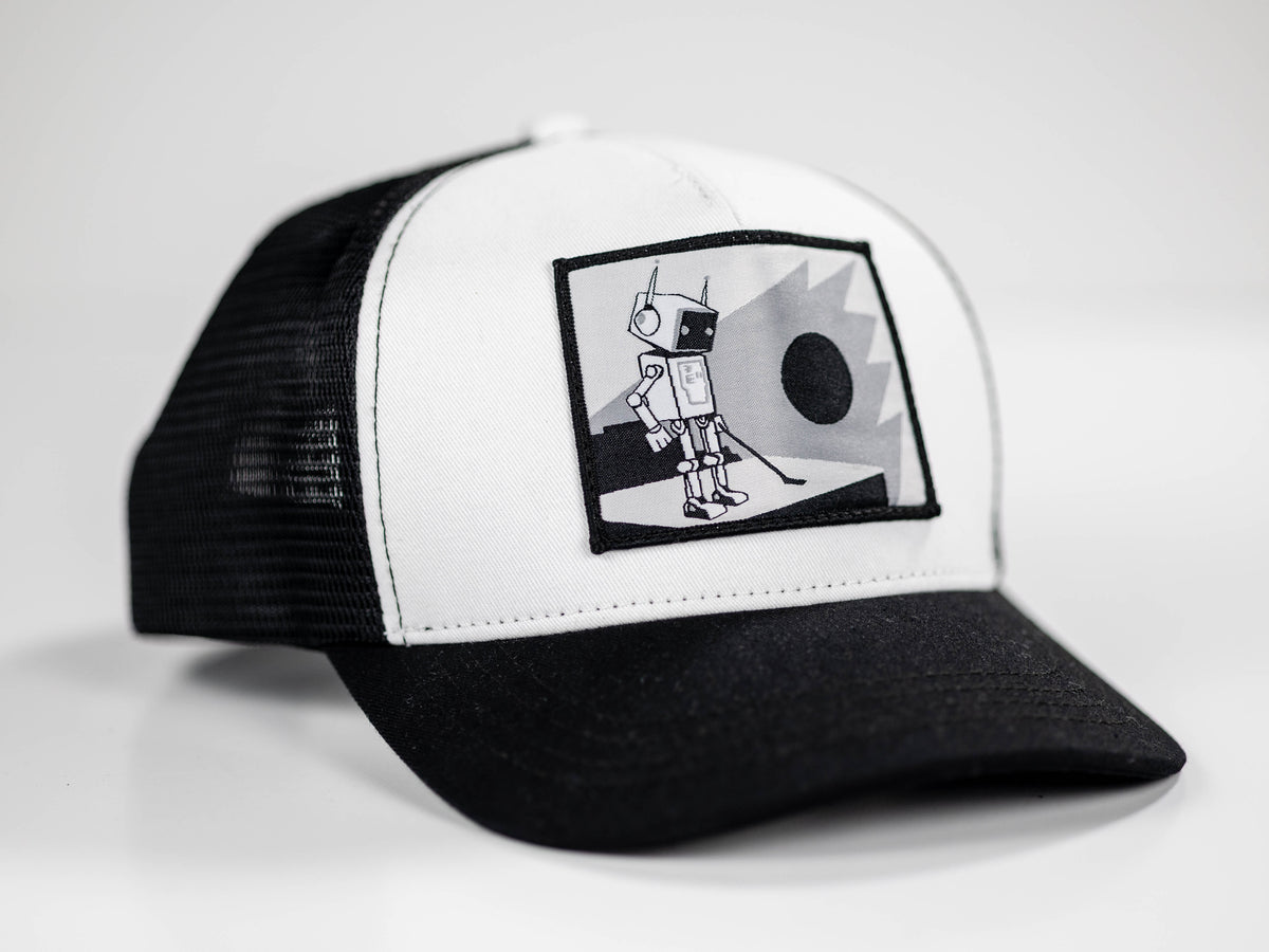 Robot Golf Checkerboard hat, side view.