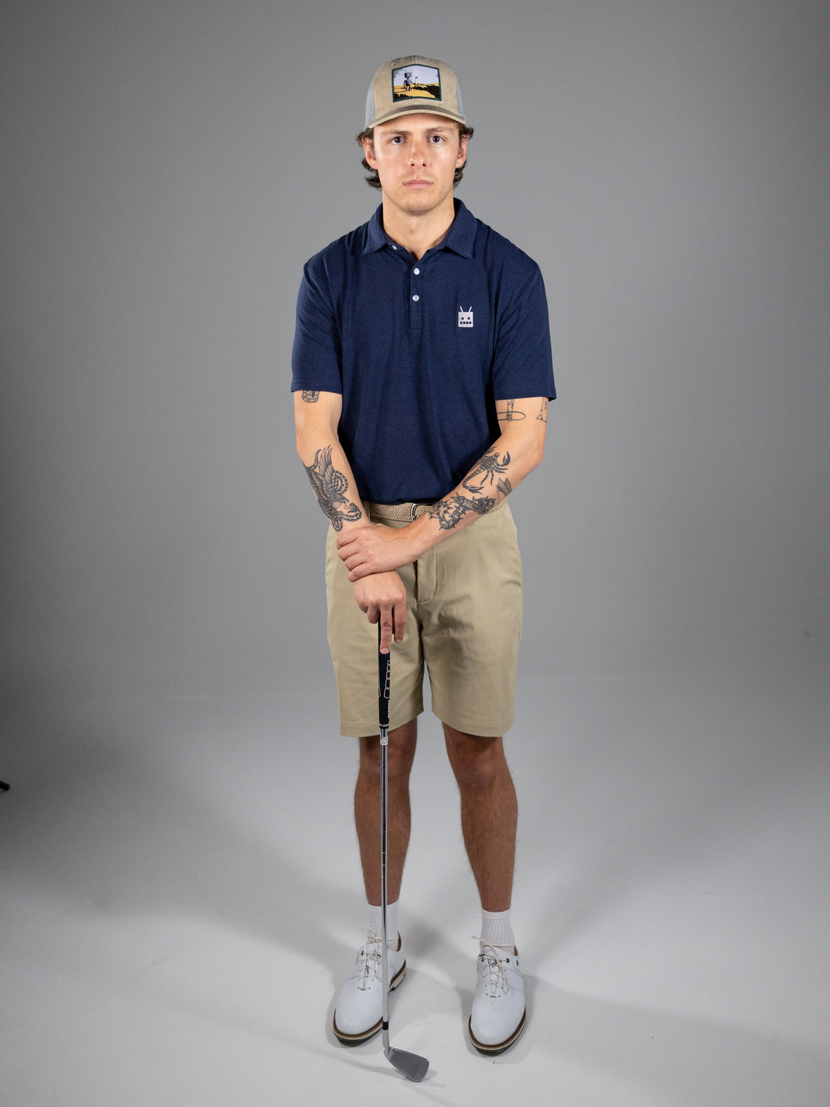 Robot Golf Blue Steel polo, product shot.