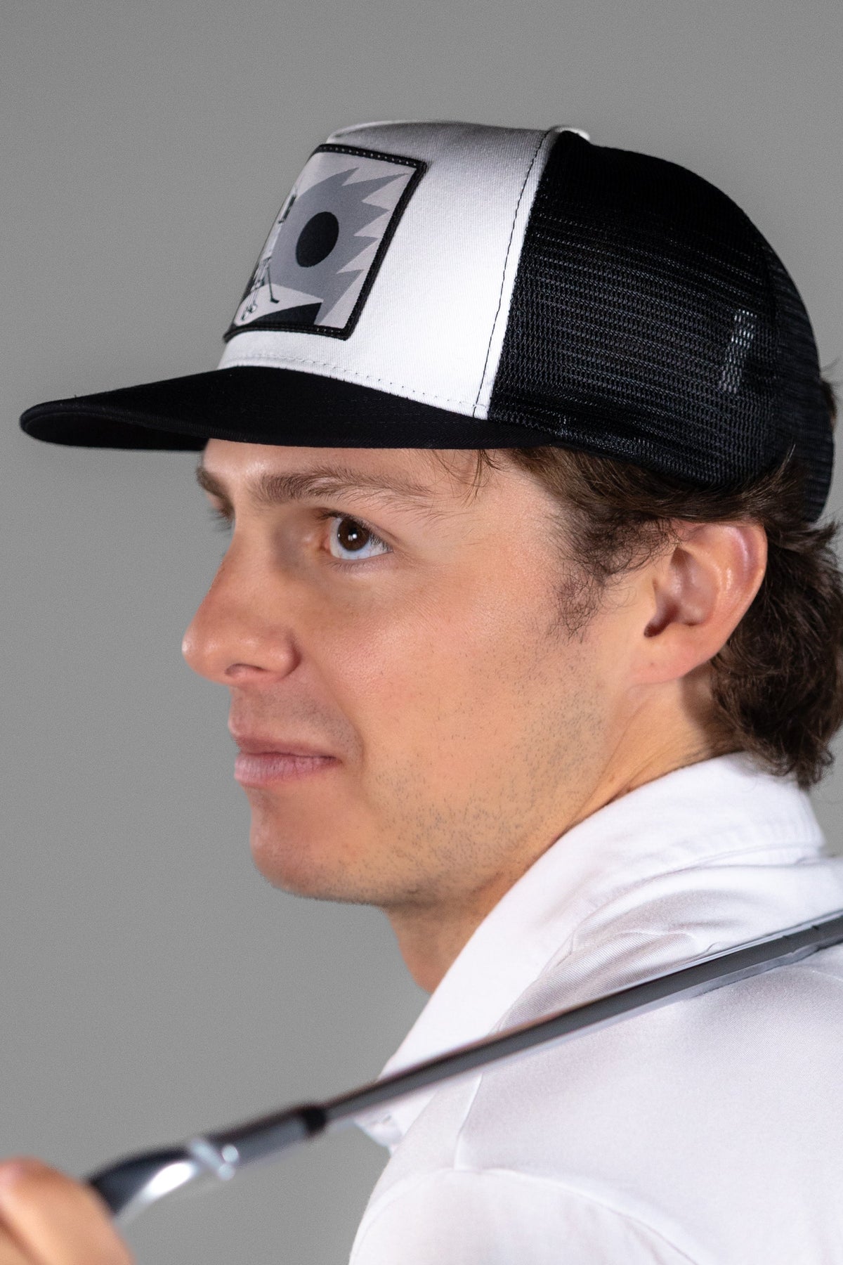 Robot Golf Checkerboard hat, back view.