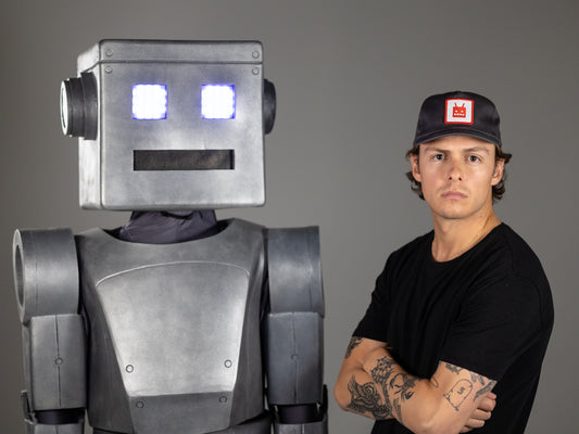 Robot Golf Black Basic tee, lifestyle view.