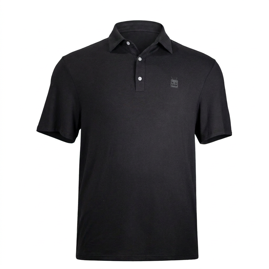 Robot Golf Special Ops Polo, front view, black.