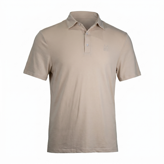 Robot Golf Mr. Sandman polo, front view, brown.